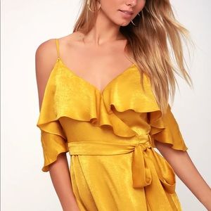 Layla Mustard Yellow satin off the shoulder wrap dress